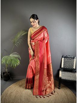 Elora - Salmon Pink Soft Silk Woven Zari Work Banarasi Saree with Unstitched Blouse