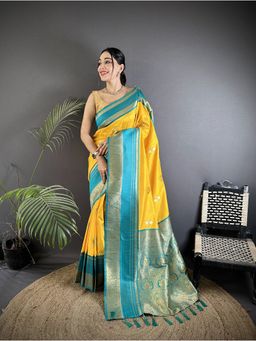 Elora - Yellow Soft Silk Woven Dual Zari Work Banarasi Saree with Unstitched Blouse