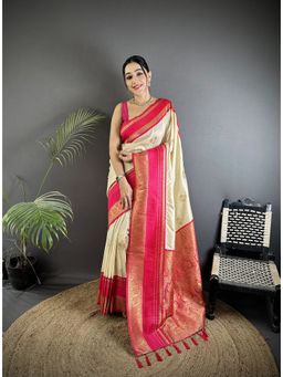 Elora - Cream Soft Silk Woven Dual Zari Work Banarasi Saree with Unstitched Blouse