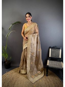 Elora - Mud Brown Organza Silk Handloom Banarasi Saree with Unstitched Blouse
