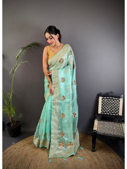 Elora - Sky Blue Organza Silk Embroidered Banarasi Saree with Unstitched Blouse