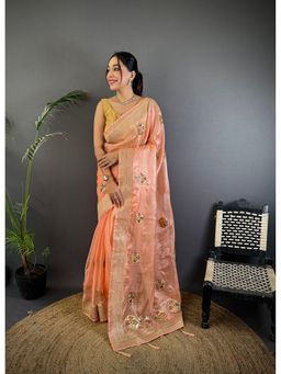 Elora - Peach Organza Silk Embroidered Banarasi Saree with Unstitched Blouse