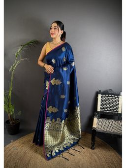 Elora - Navy Blue Lichi Silk Golen Meena Weaving Banarasi Saree with Unstitched Blouse