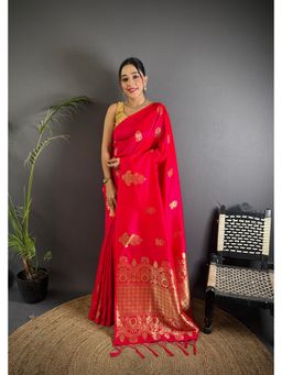 Elora - Red Lichi Silk Golen Zari Meena Weaving Banarasi Saree with Unstitched Blouse