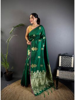Elora - Dark Green Lichi Silk Meena Weaving Banarasi Saree with Unstitched Blouse