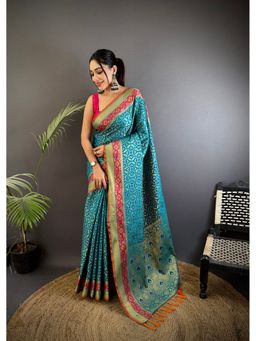 Elora - Aqua Blue Soft Silk Zari Weaving Patola Saree with Unstitched Blouse