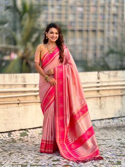 ELITE WEAVES - Pink Soft Silk Zari Woven Traditional Saree with Unstitched Blouse