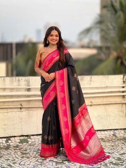ELITE WEAVES - Black Soft Silk Zari Woven Traditional Saree with Unstitched Blouse