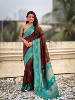 ELITE WEAVES - Brown Soft Silk Zari Woven Traditional Saree with Unstitched Blouse