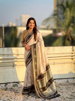 ELITE WEAVES - Cream Soft Silk Zari Woven Traditional Saree with Unstitched Blouse