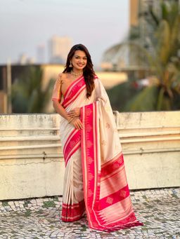 ELITE WEAVES - Cream Soft Silk Zari Woven Traditional Saree with Unstitched Blouse