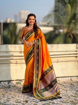 ELITE WEAVES - Orange Soft Silk Zari Woven Traditional Saree with Unstitched Blouse