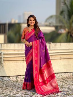 ELITE WEAVES - Purple Soft Silk Zari Woven Traditional Saree with Unstitched Blouse