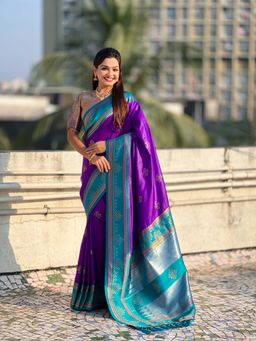ELITE WEAVES - Purple Soft Silk Zari Woven Traditional Saree with Unstitched Blouse