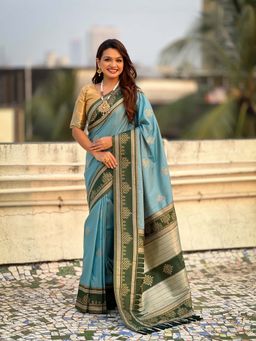 ELITE WEAVES - Blue Soft Silk Zari Woven Traditional Saree with Unstitched Blouse