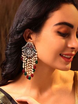 Priyaasi - Ruby Green Kundan Floral Pattern Pearl Tassels Gold Plated Earrings
