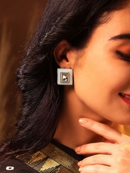 Priyaasi - White Statement Kundan Geometrical Design Stud Earrings