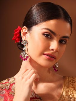 Priyaasi - Wine Pearl Kundan Beads Blooming Floral Look Gold Plated Drop Earrings