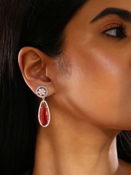 Priyaasi - Ad Blooming Floral Silver Plating Red Stone Drop Style Earrings