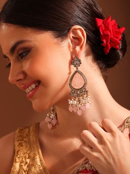 Priyaasi - Pink Pearl Beads Kundan Floral Design Drop Pattern Gold Plated Earrings
