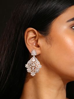 Priyaasi - Ad Stones Splendor Floral Design Silver Plated Drop Earrings