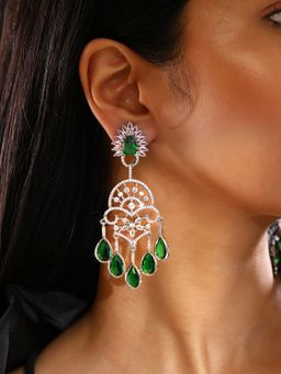 Priyaasi - Antique Emerald Floral Design Silver Plated Drop Earrings