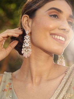 Priyaasi - Simple Kundan Pink Beads Drop Gold Plated Earrings