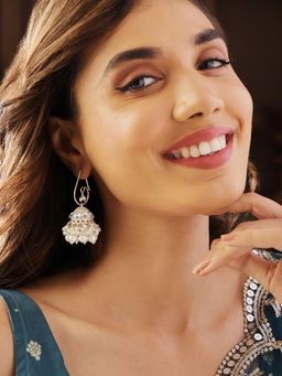 Priyaasi - White Kundan Pearls Hanging Gold Plated Jhumka Earrings