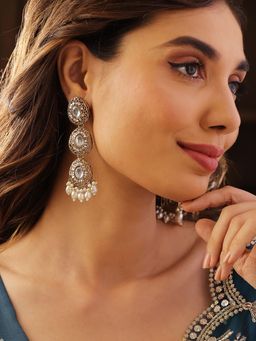 Priyaasi - Drop Shape Kundan Design Pearl Hanging Gold Plated Drop Earrings