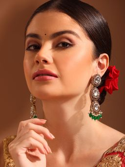 Priyaasi - Droplet Design Green Bead Gold Plated Kundan Mini Pearl Drop Earrings