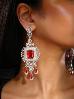 Priyaasi - Geometrical Design Red Ad Fashioner Drop Silver Plated Earrings