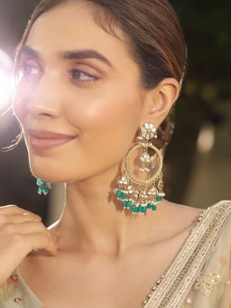 Priyaasi - Green Beads Mini Mirror Style Chandbali Gold Plated Push Back Earrings