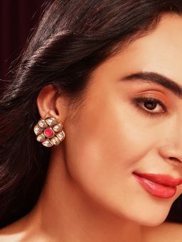 Priyaasi - Pink Stone Kundan Floral Pattern Gold Plated Earrings