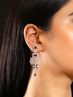 Priyaasi - Blue Stones Ad Floral Elegance Silver Plating Drop Earrings