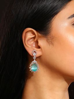 Priyaasi - Blue Stone Ad Silver Plating Drop Design Earrings