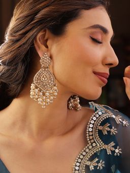 Priyaasi - Gold Kundan Pearls Drop Style Gold Plated Push Back Earrings