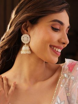 Priyaasi - Floral Kundan Pearl Jhumka Gold Plated Push Back Earrings