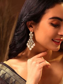 Priyaasi - Exquisite Floral Design Drop Earrings with Gold-Plated Kundan and Pearl Balls