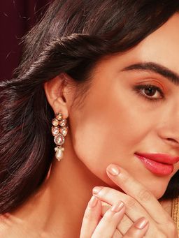 Priyaasi - Plain Gold Plated Drop Style Kundan Pearl Pushback Drop Earrings