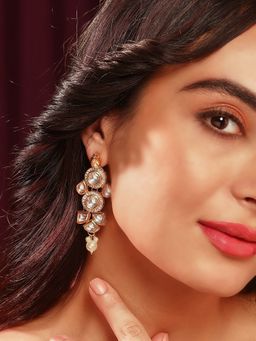 Priyaasi - Gold Plated Glamour Kundan and Pearl Drop Earrings In Geometric Shape