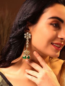 Priyaasi - Kundan Drop Earrings with Floral Jhumki Pattern and Green Beads