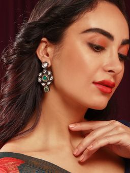 Priyaasi - Floral Pattern Kundan Drop Earrings with Green Stone In Gold Plated Finish