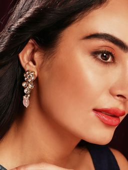 Priyaasi - Gold-Plated Kundan Drop Earrings with Pink Bead Flower Pattern