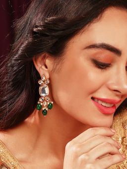 Priyaasi - Elegant Gold-Plated Square Kundan Drop Earrings with Pearls and Green Beads