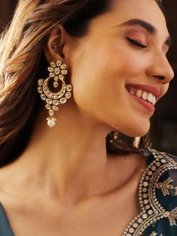 Priyaasi - Floral Kundan Pearl Chandbali Gold Plated Push Back Earrings