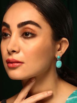 Priyaasi - Turquoise Marble Stoned Elegance Oxidized Drop Silver Plating Earrings