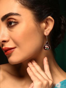 Priyaasi - Maroon Stoned Floral Epic Pattern Oxidized Silver Plating Drop Earrings