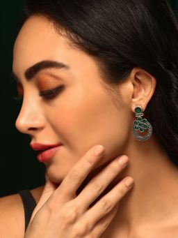Priyaasi - Green Floral Stoned Elegant Pattern Oxidized Silver Plating Drop Earrings