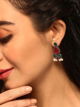 Priyaasi - Ruby Green Drop Pattern with Mini Pearls Silver Plating Drop Oxidized Earrings