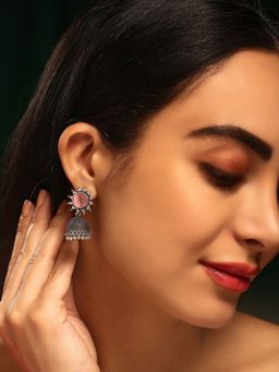Priyaasi - Pink Sunflower Elegance Jhumkis Silver Plating Oxidized Earrings